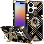 Luxury phone case with geometric design and rose gold accents on a white background