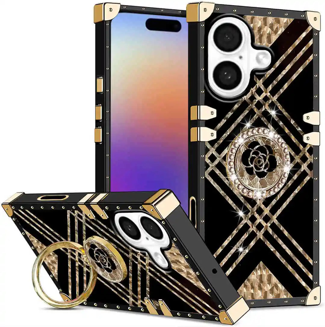Luxury phone case with geometric design and rose gold accents on a white background
