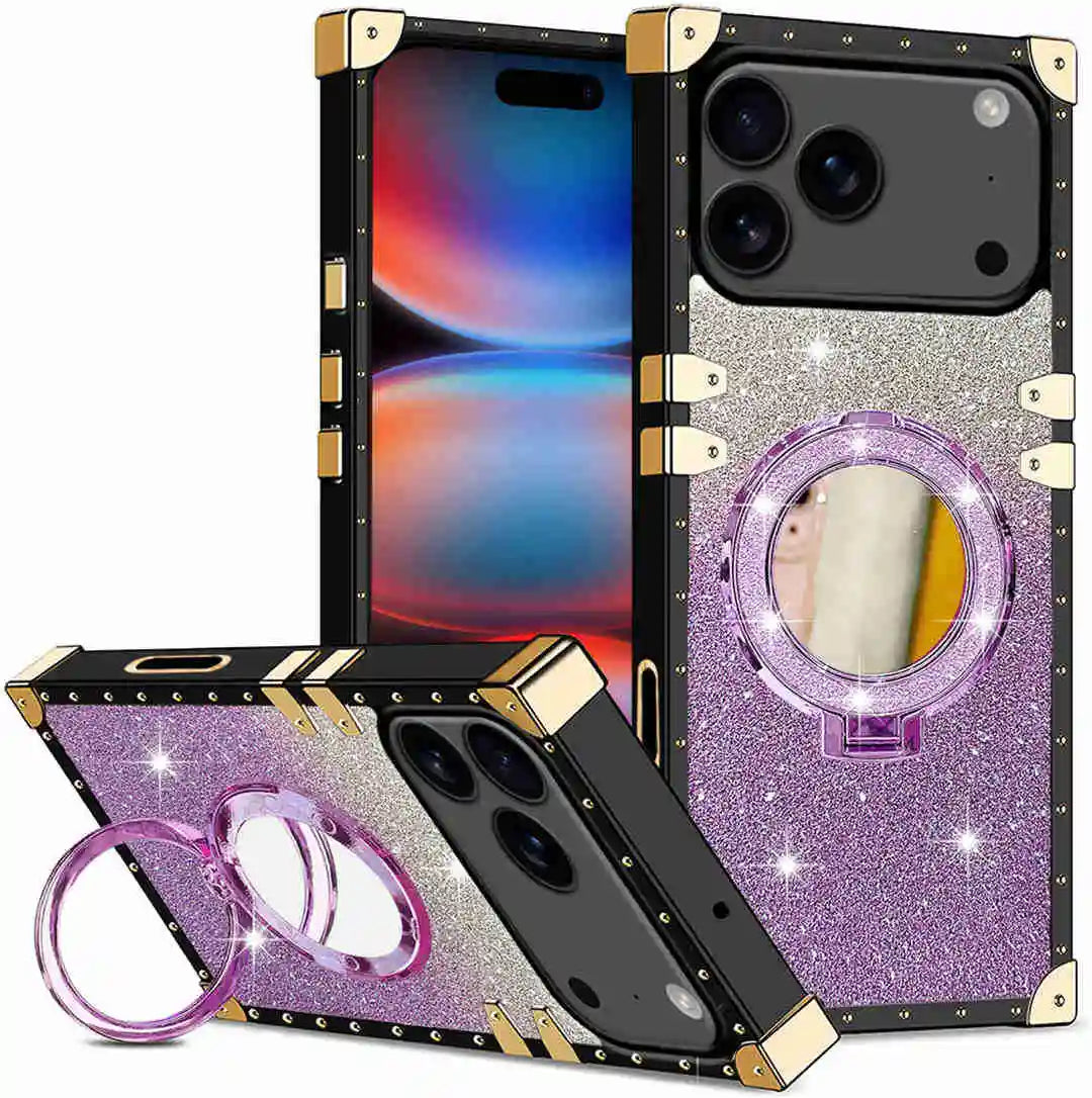 Purple Phone case with mirror and ring holder on a white background