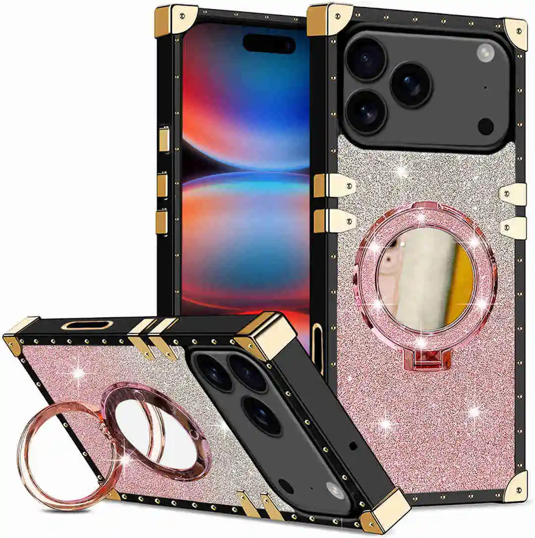 Phone case with glittery design and mirror ring holder on a white background
