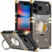 Phone case with glittery design and ring holder stand on a white background