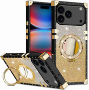 Phone case with gold accents and mirror, displayed on a white background