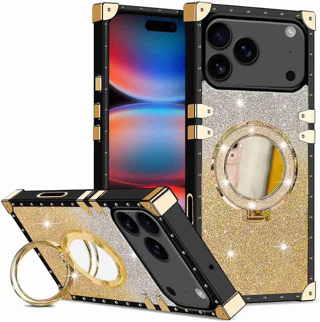 Phone case with gold accents and mirror, displayed on a white background