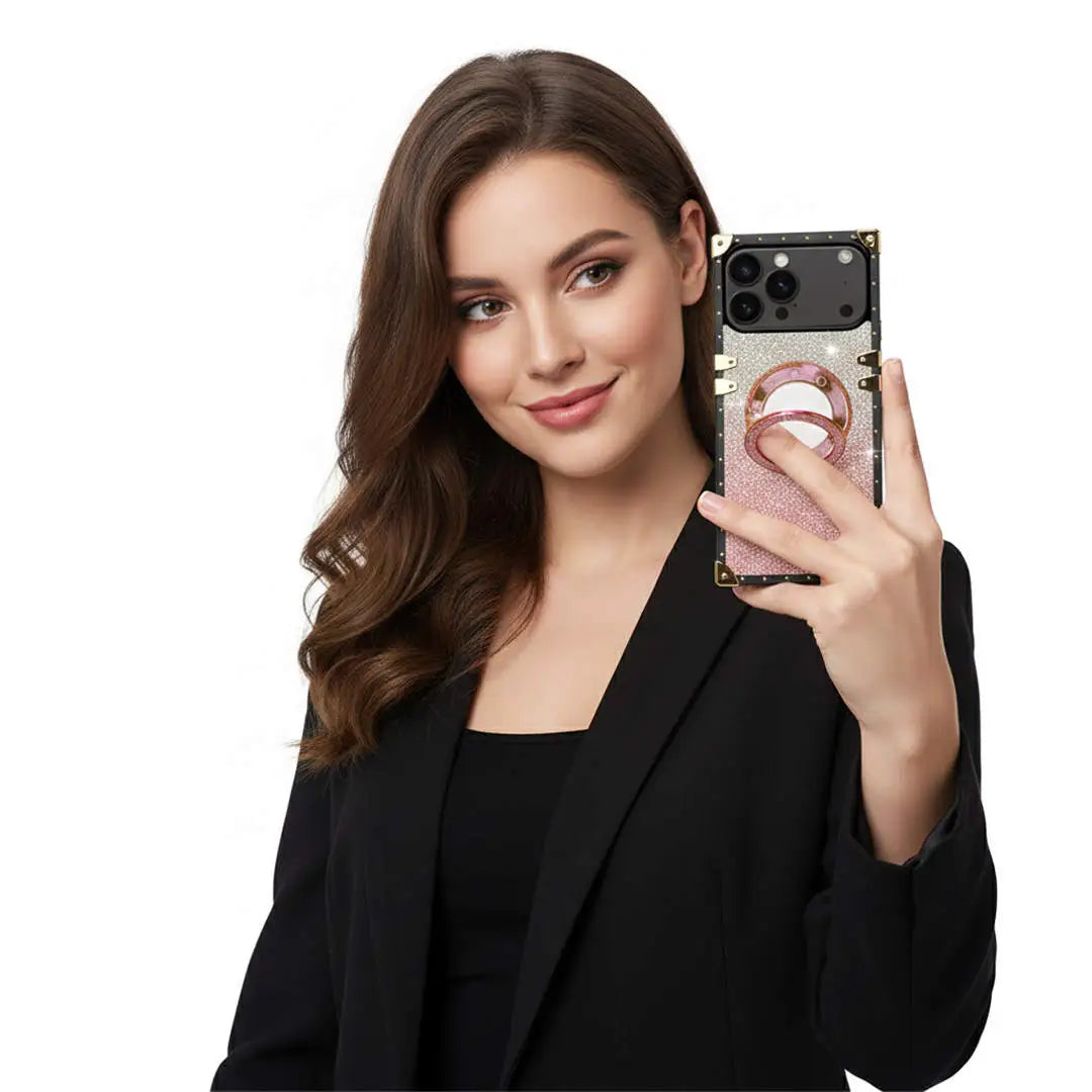 Woman holding a phone with a glittery case against a white background