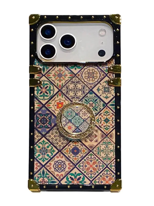 iPhone 17 Pro phone case with a religious pattern and ring holder on a white background