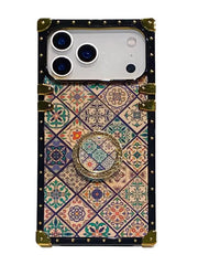 iPhone 17 Pro phone case with a religious pattern and ring holder on a white background