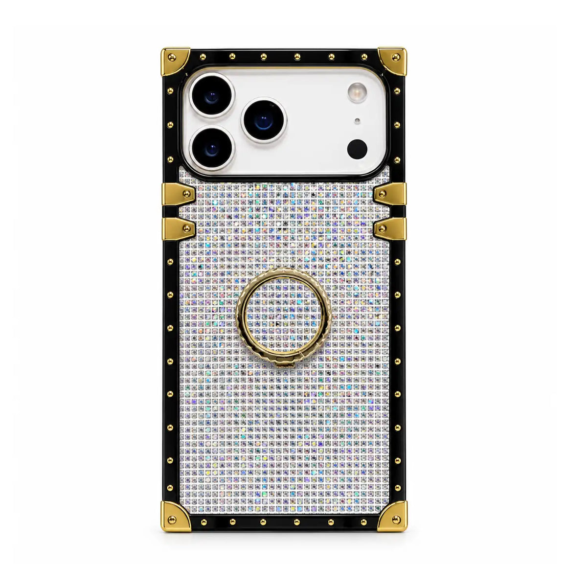 A protective phone case designed for a iPhone 18 Pro Max, featuring a black border with gold-tone rivets and corner protectors, a silver rhinestone-embellished center, and a gold-tone ring stand on the back.