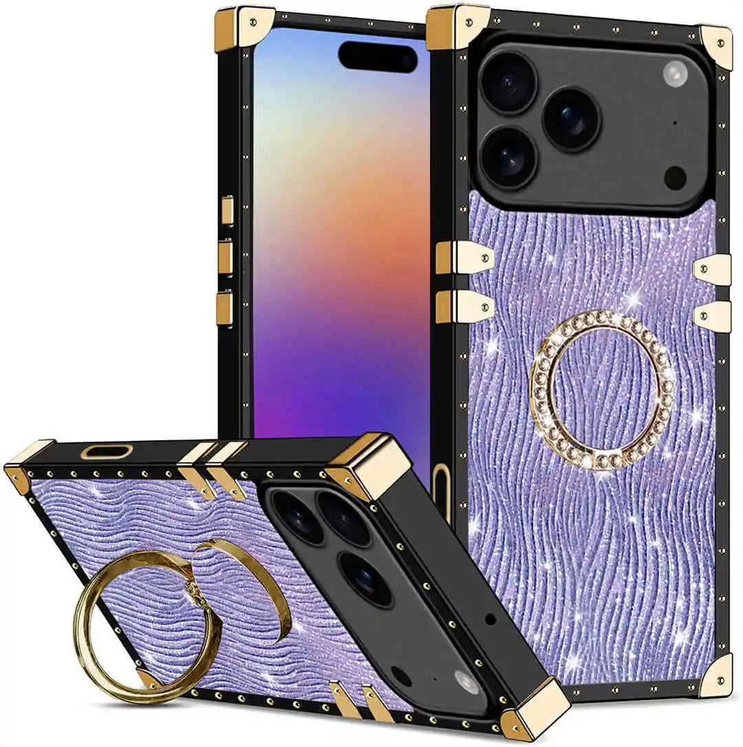 iPhone 17 Pro case with gold accents and a ring holder on a white background