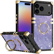 iPhone 17 Pro case with gold accents and a ring holder on a white background