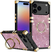 Phone case with pink glittery design and gold accents on a white background