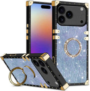 Phone case with gold ring holder and blue marble design on a white background