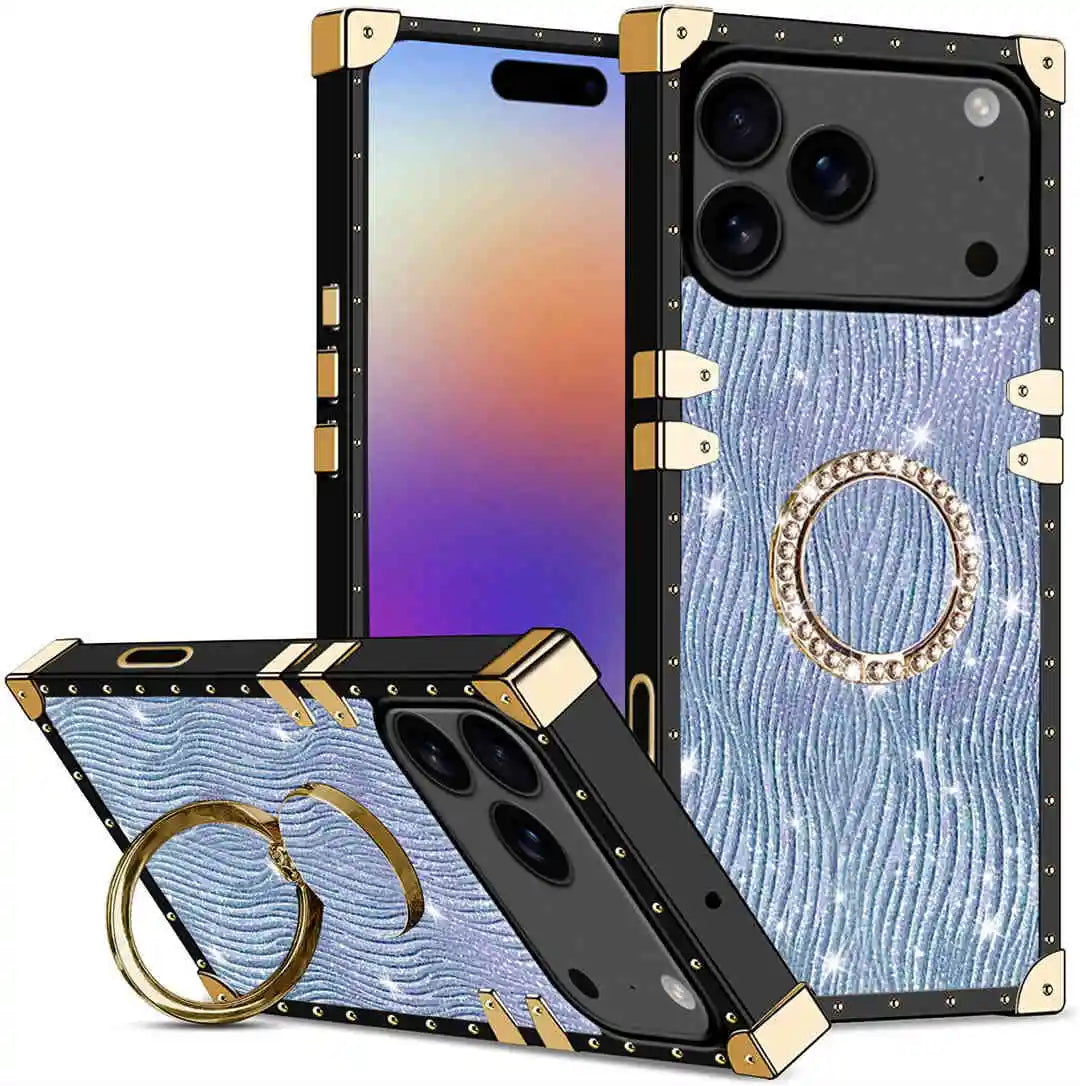 Phone case with gold ring holder and blue marble design on a white background