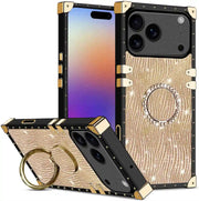 Gold iPhone case with wood grain design and ring holder on a white background