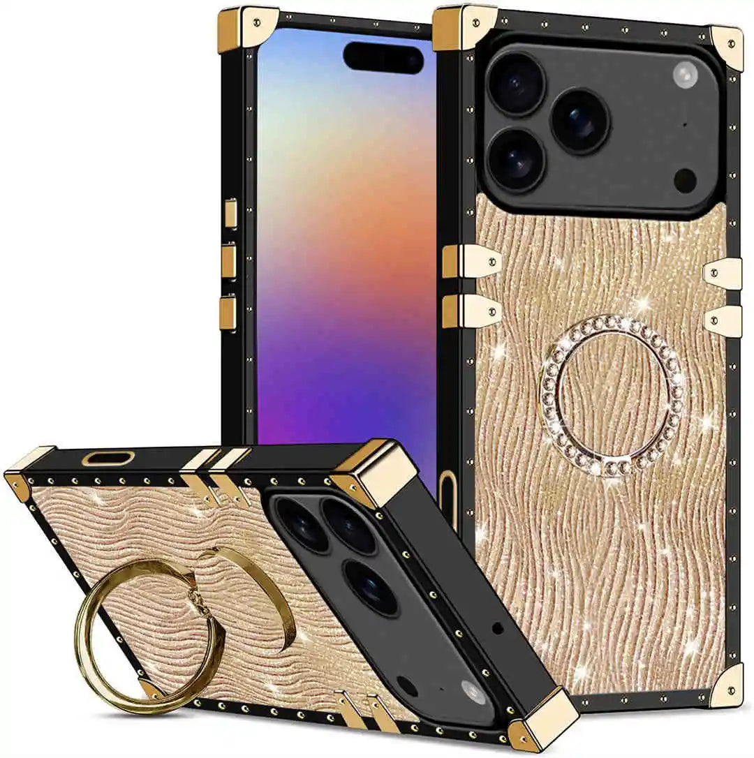 Gold iPhone case with wood grain design and ring holder on a white background