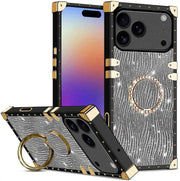 Luxury phone case with decorative ring holder on a white background