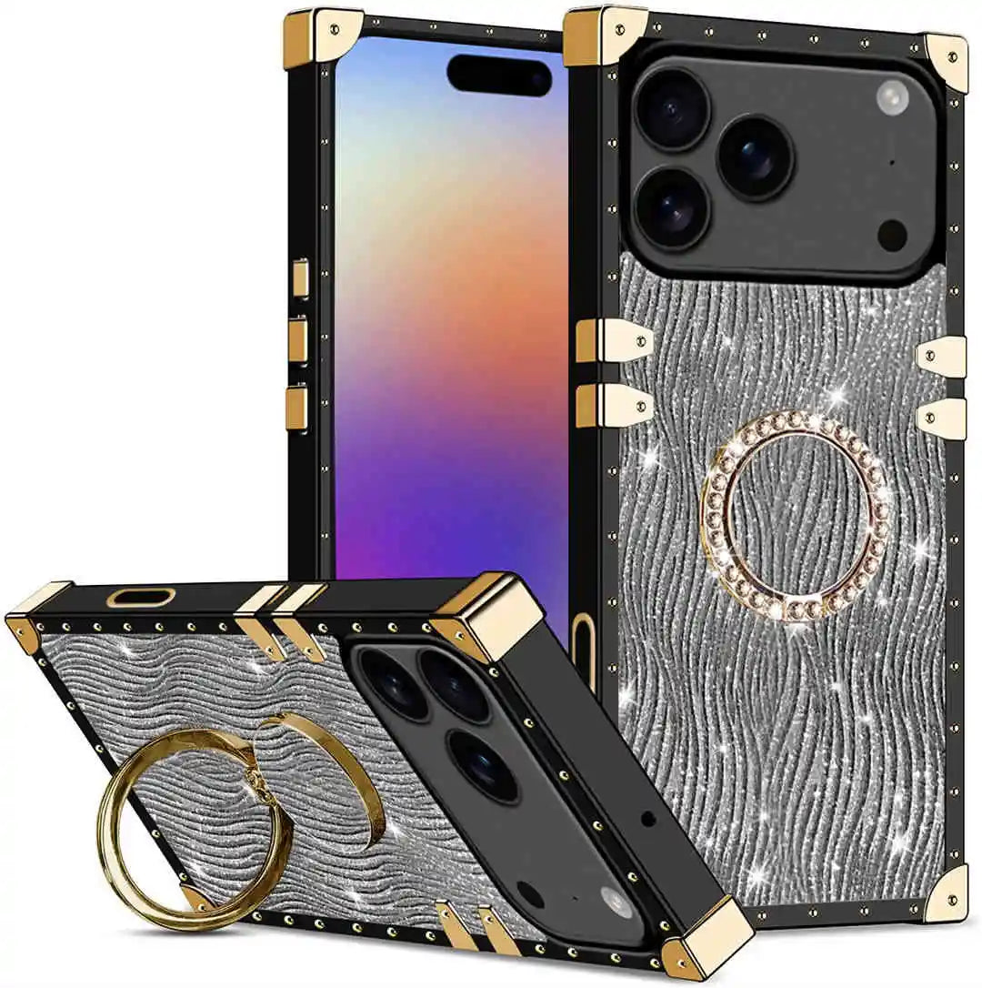 Luxury phone case with decorative ring holder on a white background