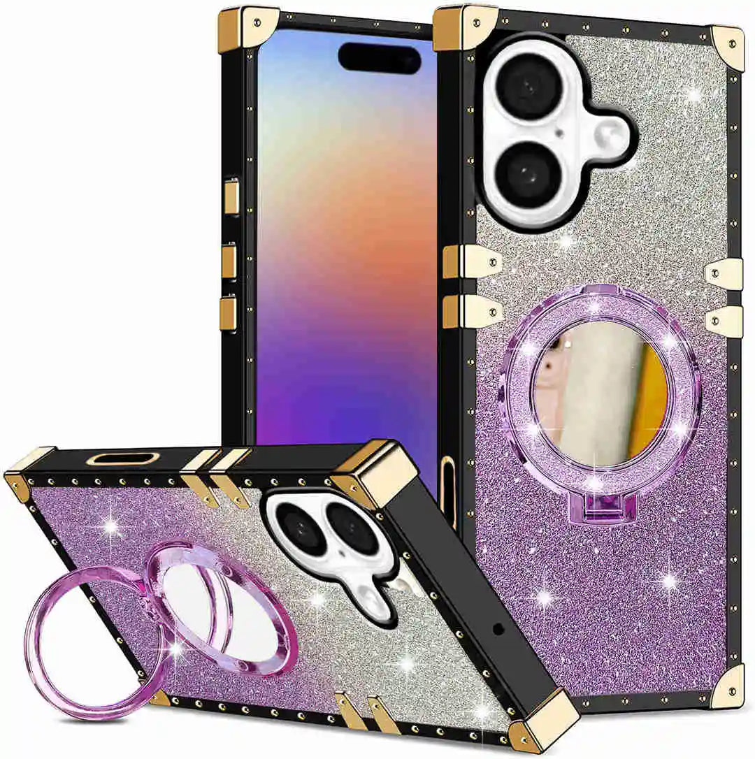 Phone case with mirror and ring holder on a white background