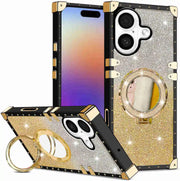 Gold and black phone case with mirror and ring holder on a white background