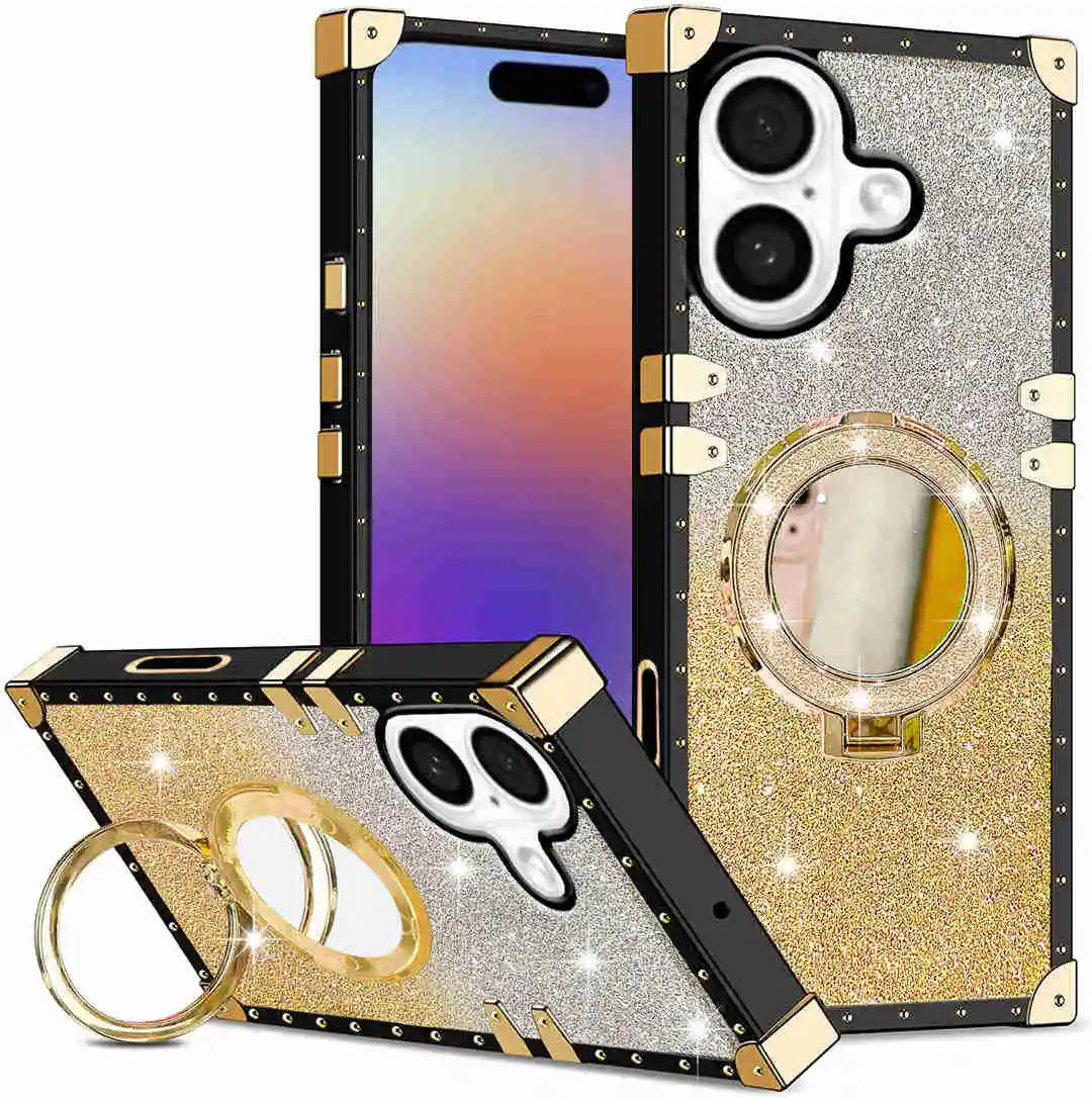 Gold and black phone case with mirror and ring holder on a white background