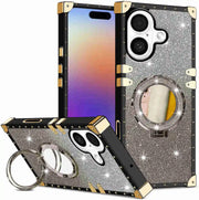 Phone case with glittery design and ring holder on a white background