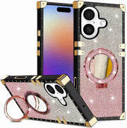 Phone case with glittery design and ring holder on a white background