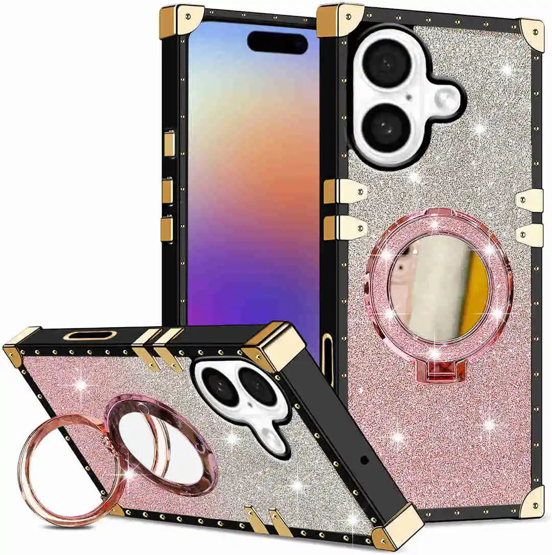 Phone case with glittery design and ring holder on a white background
