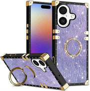 Phone case with purple design, gold accents, and ring holder on a white background