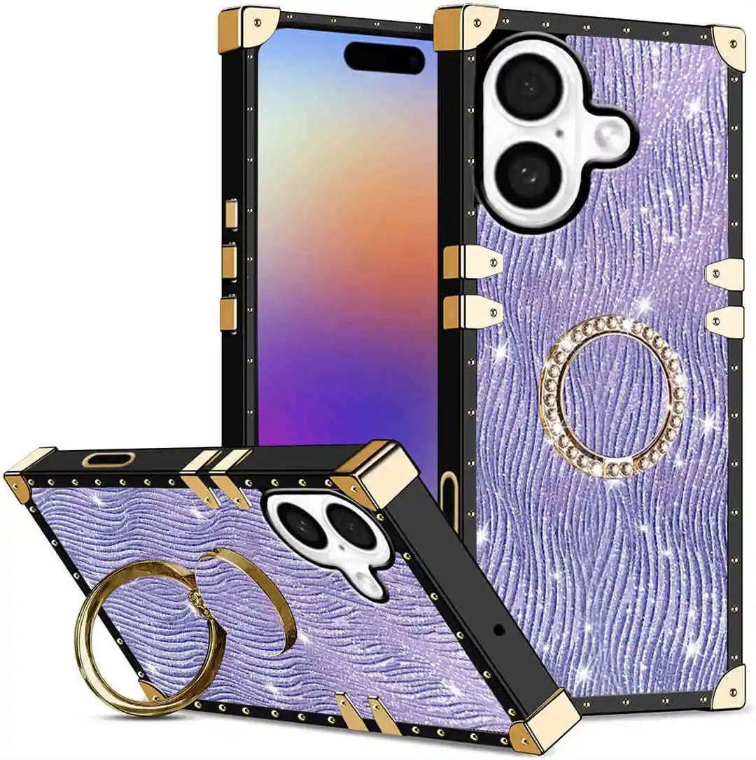 Phone case with purple design, gold accents, and ring holder on a white background