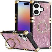Phone case with pink glittery design and gold accents on a white background