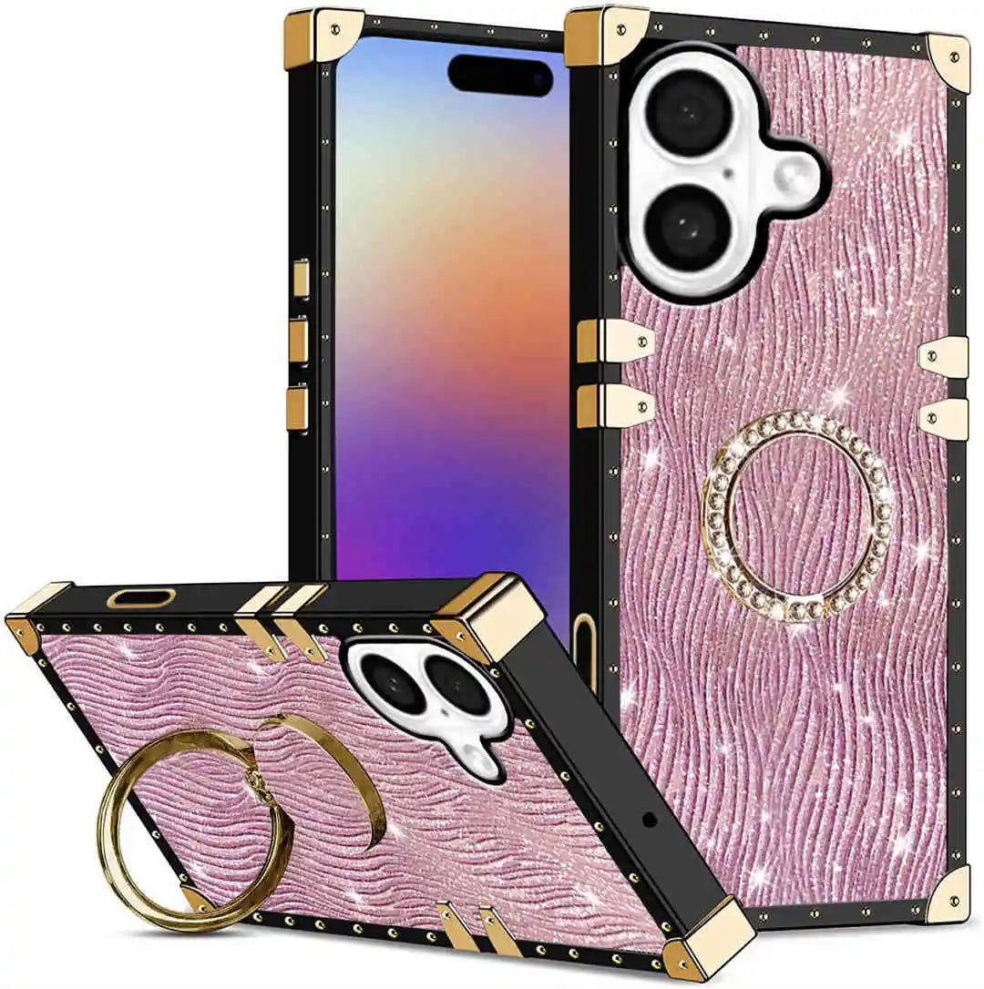 Phone case with pink glittery design and gold accents on a white background