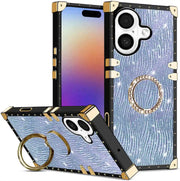 Phone case with gold accents and a ring holder on a white background