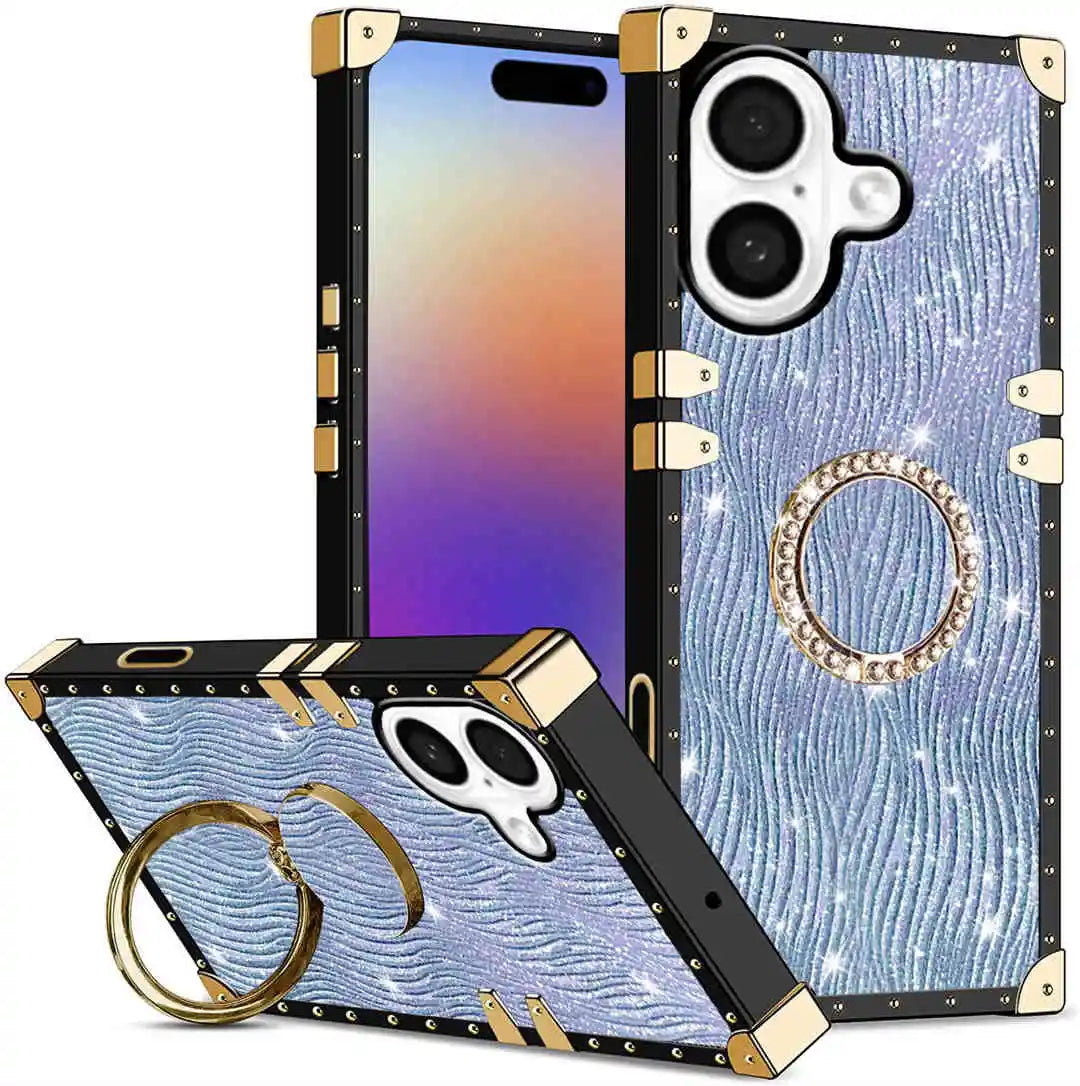 Phone case with gold accents and a ring holder on a white background