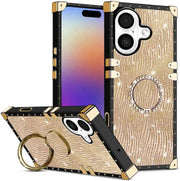 Phone case with wood grain design and ring holder on a white background