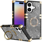 Phone case with decorative ring holder and glittery design on a white background