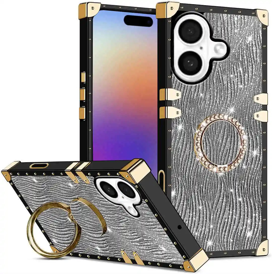 Phone case with decorative ring holder and glittery design on a white background