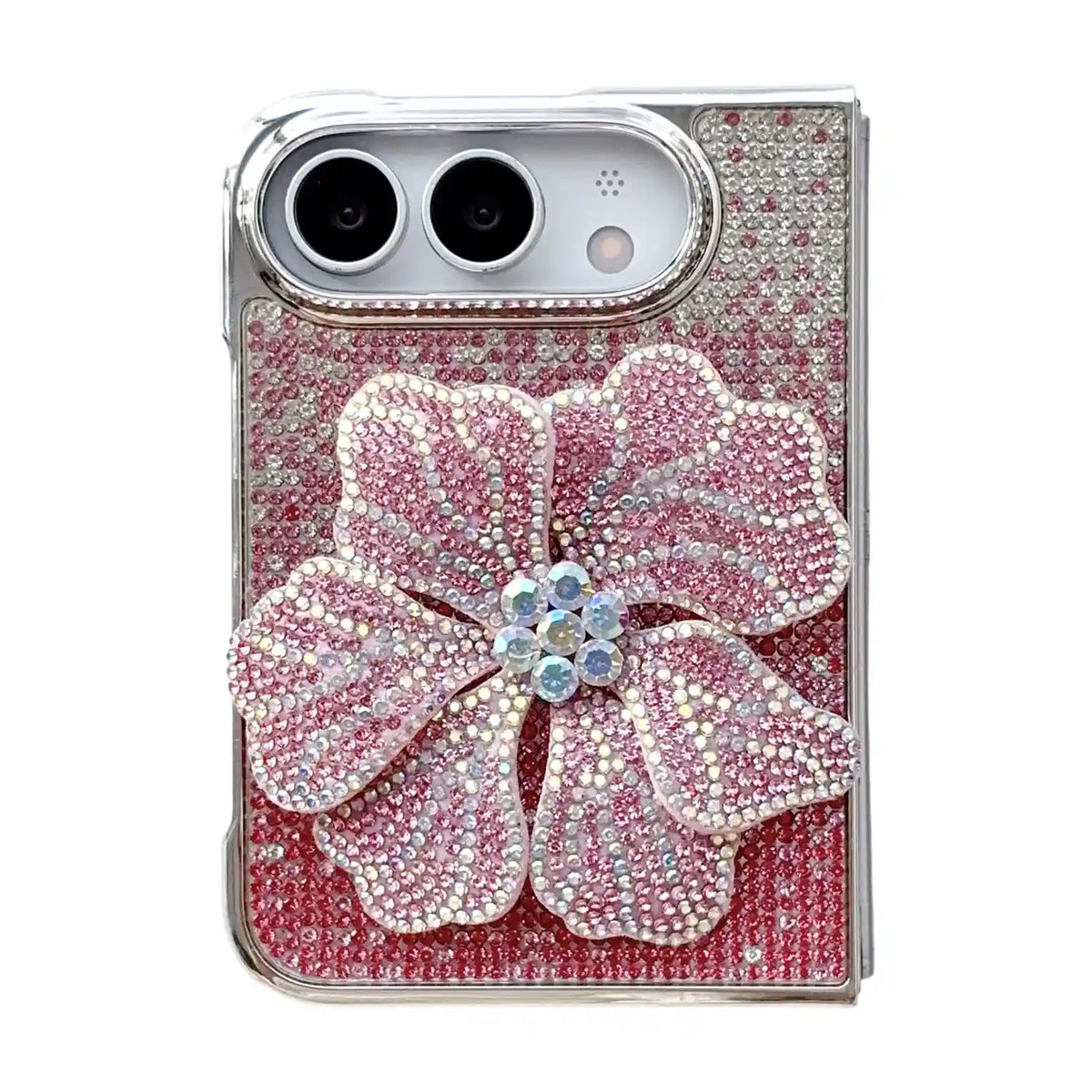 Pink Crystal Bloom Duo iPhone Duo case with a raised rhinestone flower and crystal-covered back