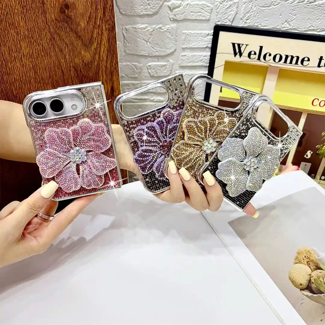 Pink, purple, gold and silver Crystal Bloom Duo rhinestone flower cases held together