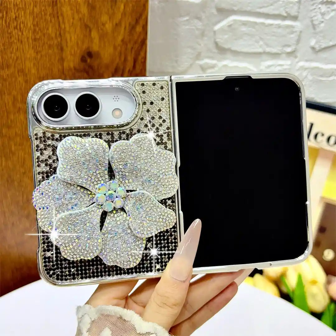 Open iPhone Duo in the silver Crystal Bloom Duo case with a raised rhinestone flower