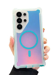 Gradient phone case with blue and pink colors held by a hand on a white background