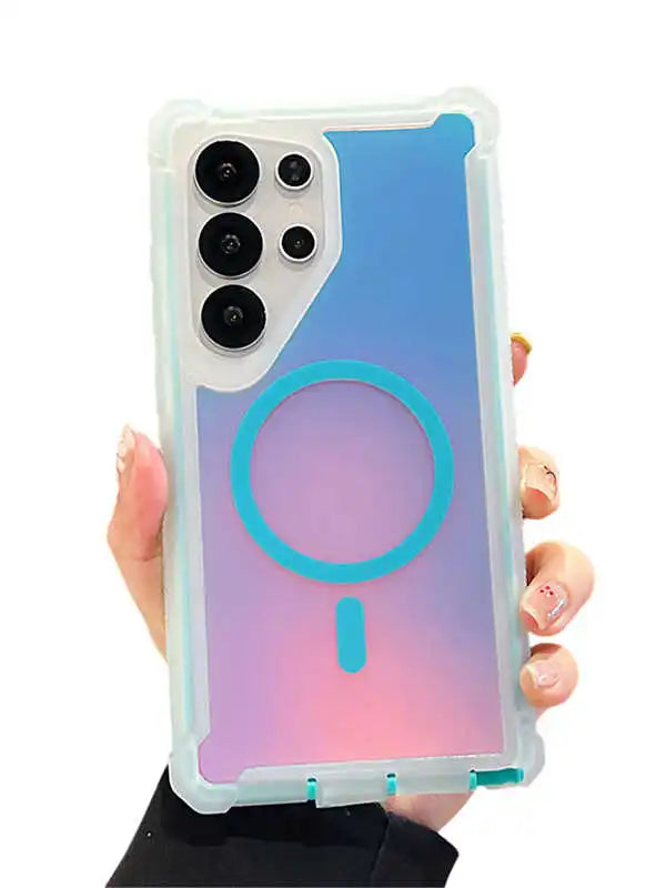 Gradient phone case with blue and pink colors held by a hand on a white background