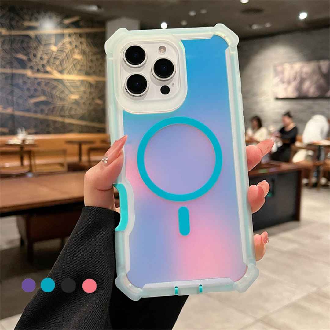 Gradient phone case with blue and pink design held by a person in a blurred indoor setting