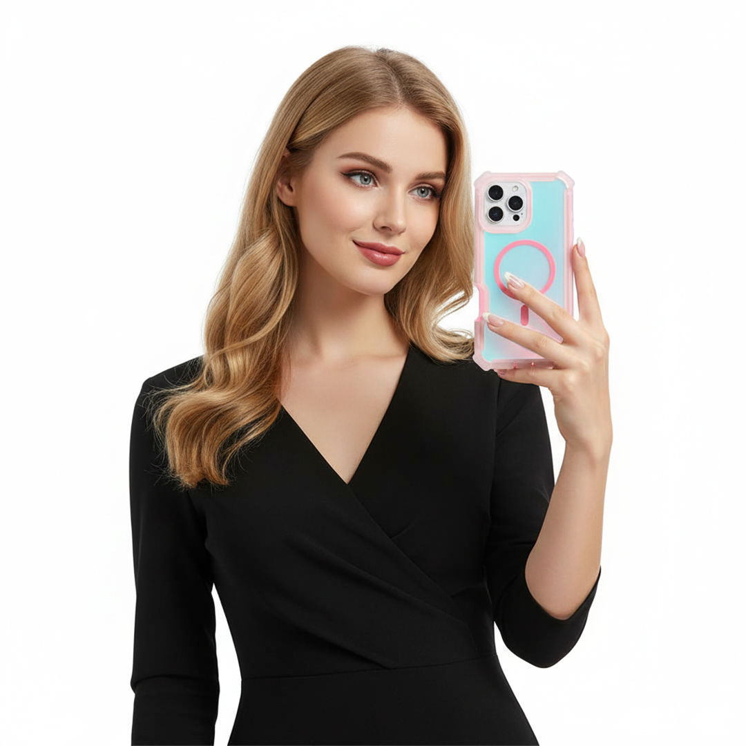 Woman holding a phone with a colorful case against a white background