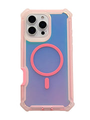 Phone case with gradient design and pink accents on a white background