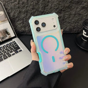 A hand holding a translucent pastel phone case with a large question mark graphic on the back, shown over a desk with a laptop and a black cup in the background.