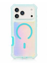 A protective phone case with a translucent mint green bumper and a pastel iridescent back panel featuring a cyan MagSafe ring.