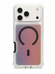A clear protective phone case with a black question mark graphic over a pink and purple gradient back panel, shown on a white smartphone against a white background.