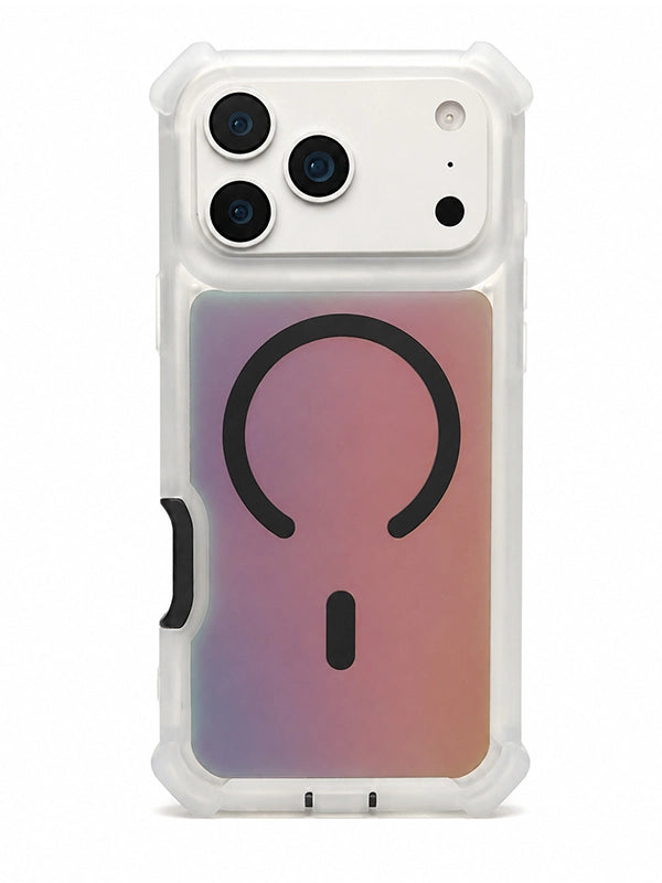 A clear protective phone case with a black question mark graphic over a pink and purple gradient back panel, shown on a white smartphone against a white background.