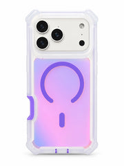 A clear protective phone case with a vibrant pink, purple, and blue gradient back panel featuring a purple MagSafe ring, shown on a white smartphone against a white background.