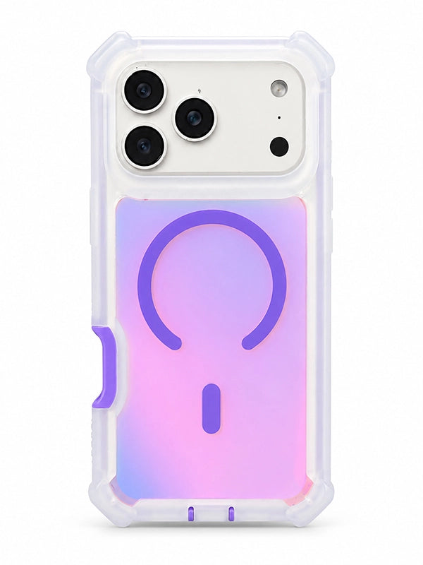 A clear protective phone case with a vibrant pink, purple, and blue gradient back panel featuring a purple MagSafe ring, shown on a white smartphone against a white background.