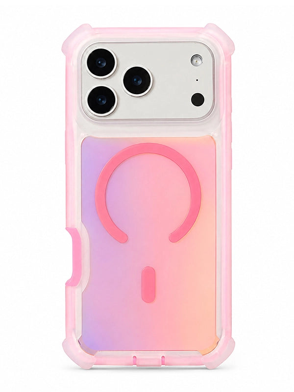 A protective phone case with a translucent pink bumper frame and a back panel featuring a pink and purple gradient MagSafe ring, shown on a white background.